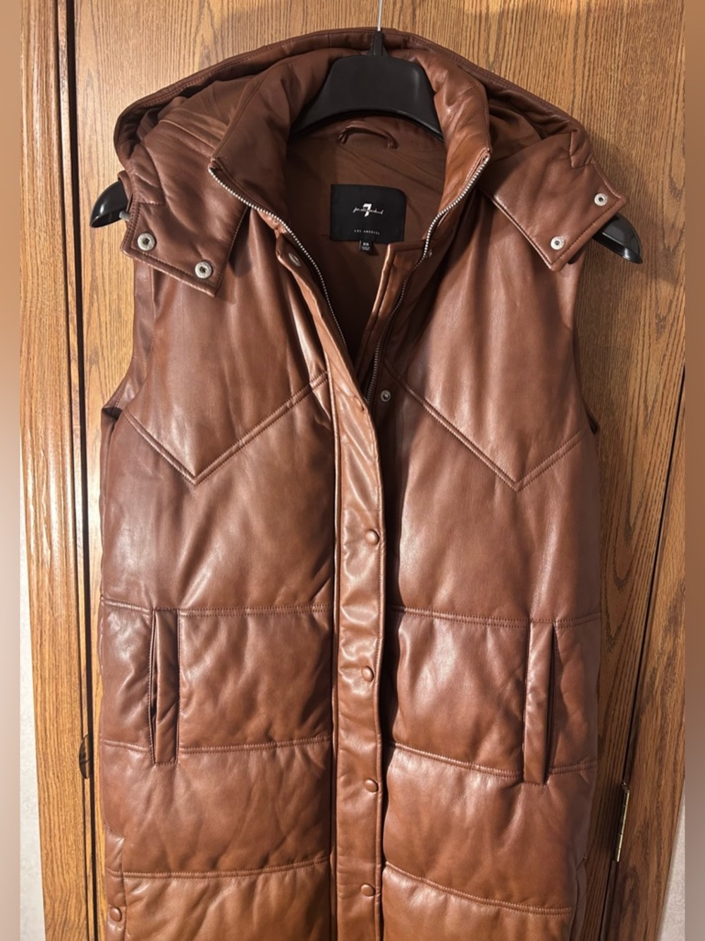 7 For All Mankind Faux Leather Long Sleeveless Hooded Puffer - Picture 2 of 6